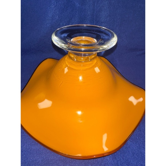 Vintage Teleflora MCM Orange Handblown Art Glass Ruffled Footed Pedestal Bowl - Picture 3 of 4